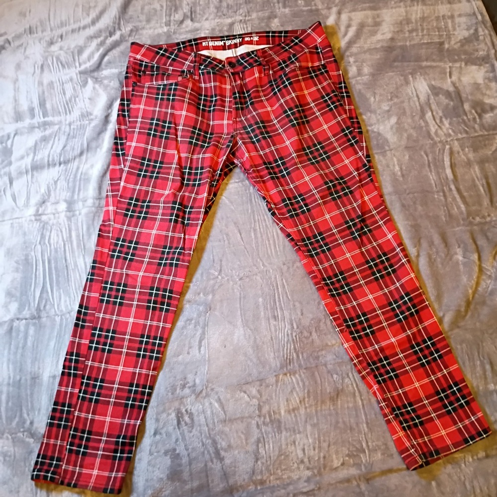 Hot Topic HT Denim Skinny Jeans Men 36x32 Red Plaid Punk Grunge Tartan